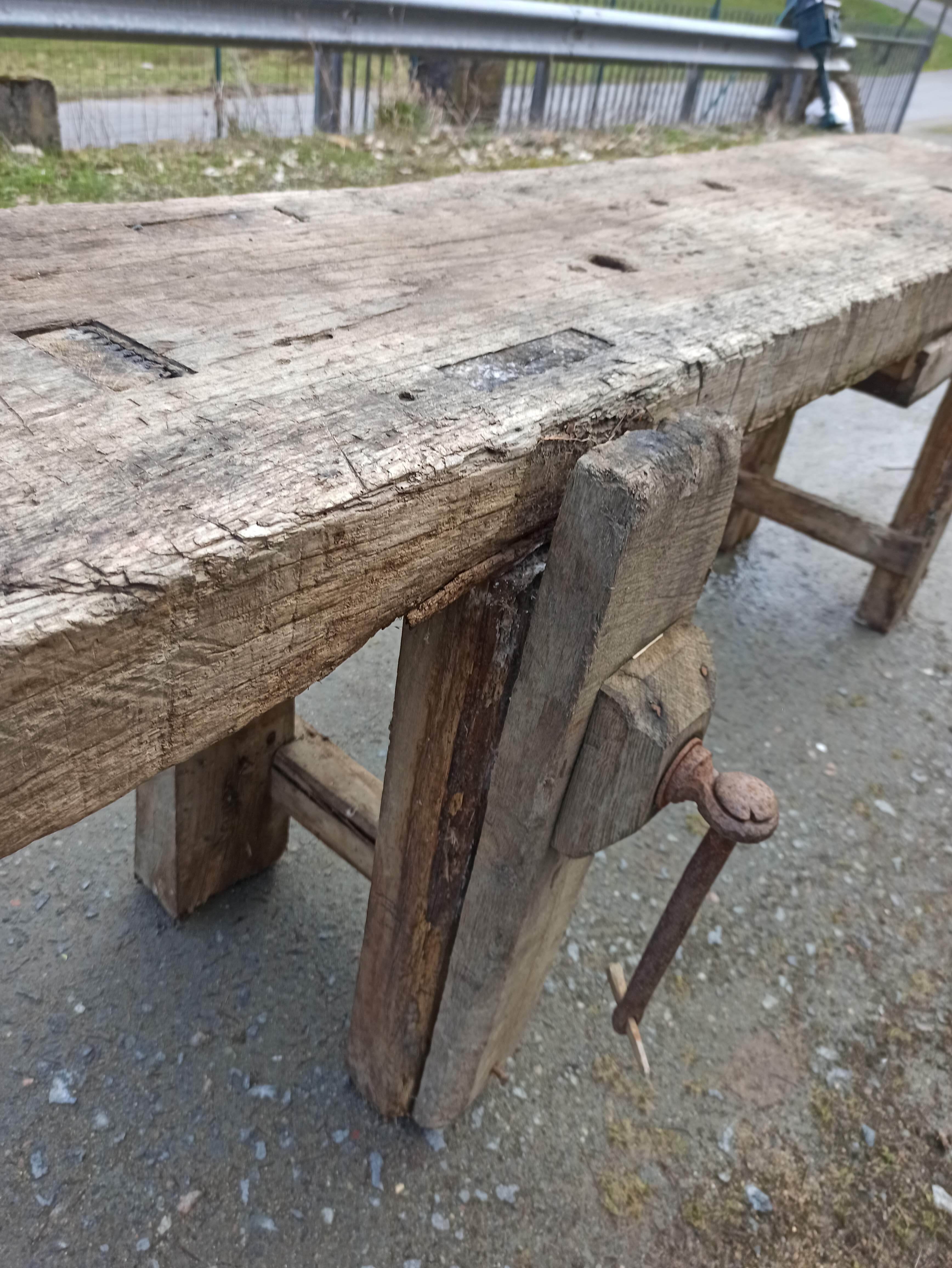 Old wooden workbench furniture by trade with vice