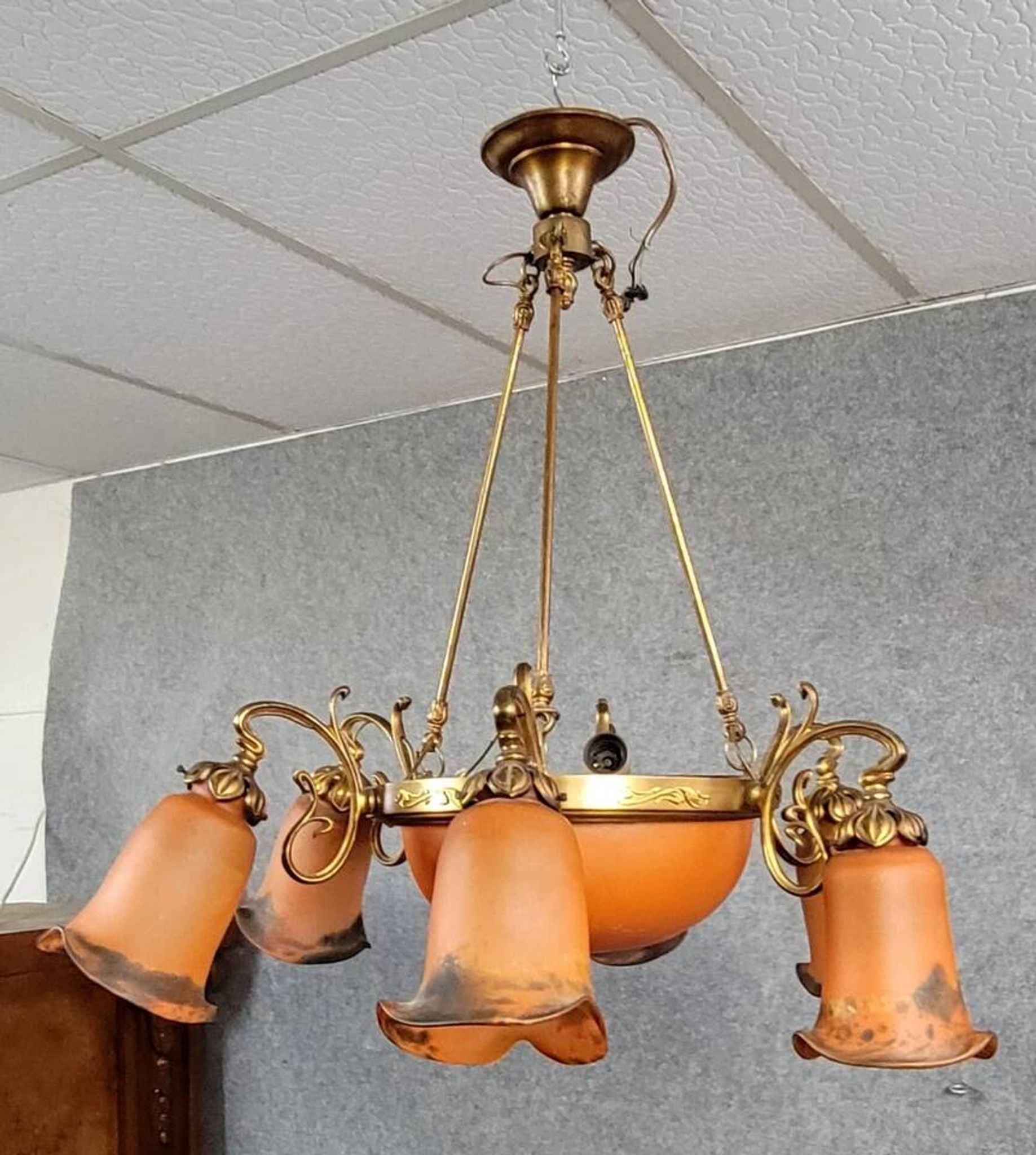 After Muller: Art Nouveau style chandelier in brass, bronze and glass paste