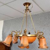 After Muller: Art Nouveau style chandelier in brass, bronze and glass paste