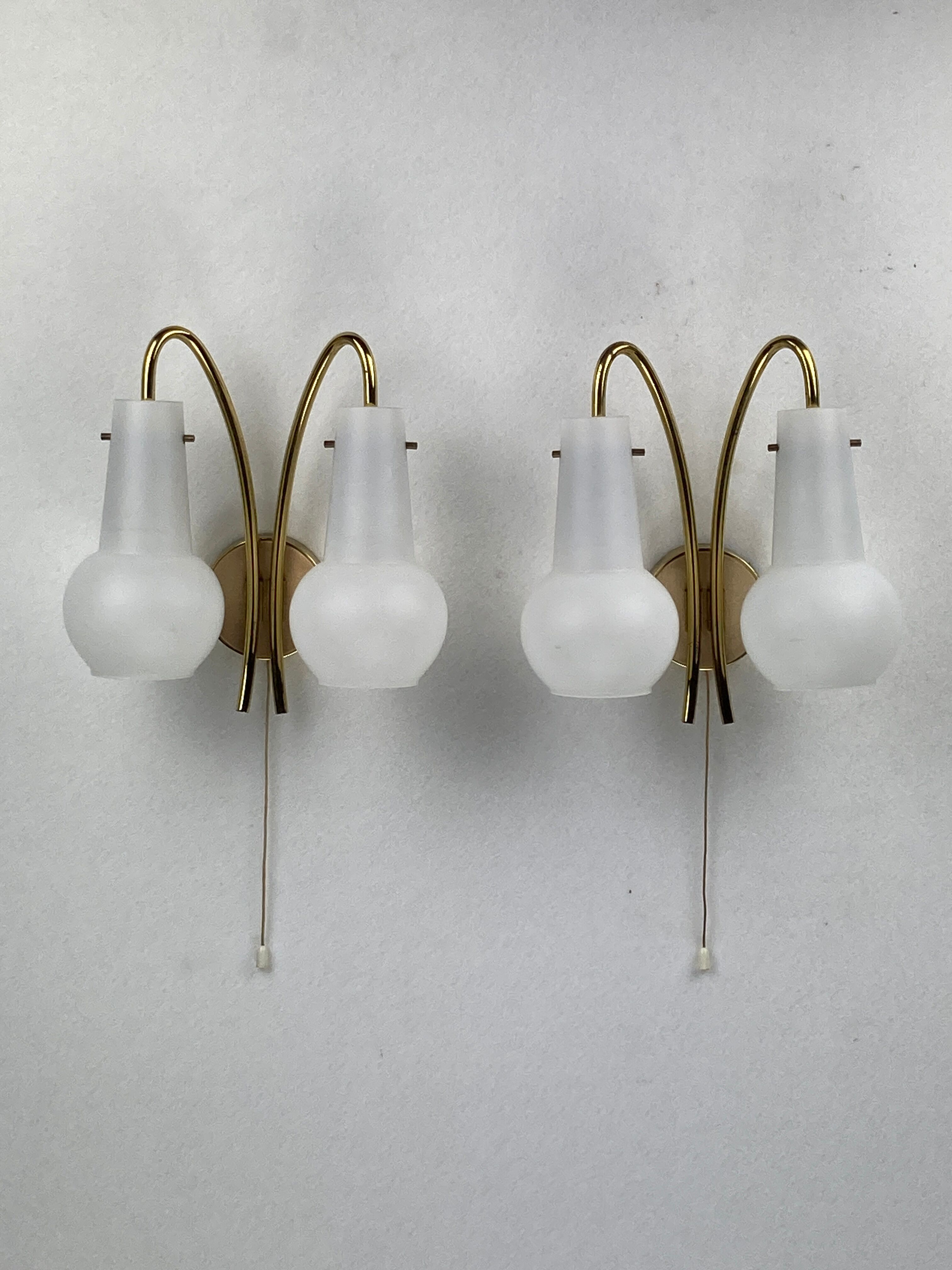 Pair brass and opaline wall sconces or bedside lamps, Austria 1950s