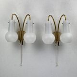 Pair brass and opaline wall sconces or bedside lamps, Austria 1950s