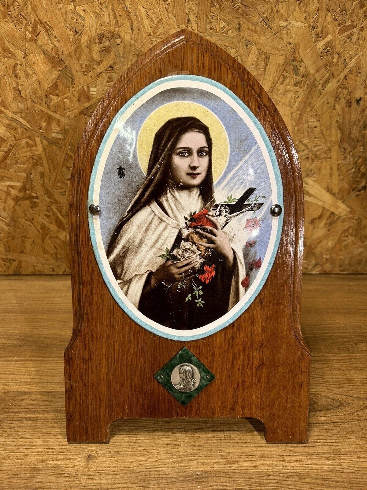 Old bedside oratory, oak, enamelled plaque, holy virgin, lourdes