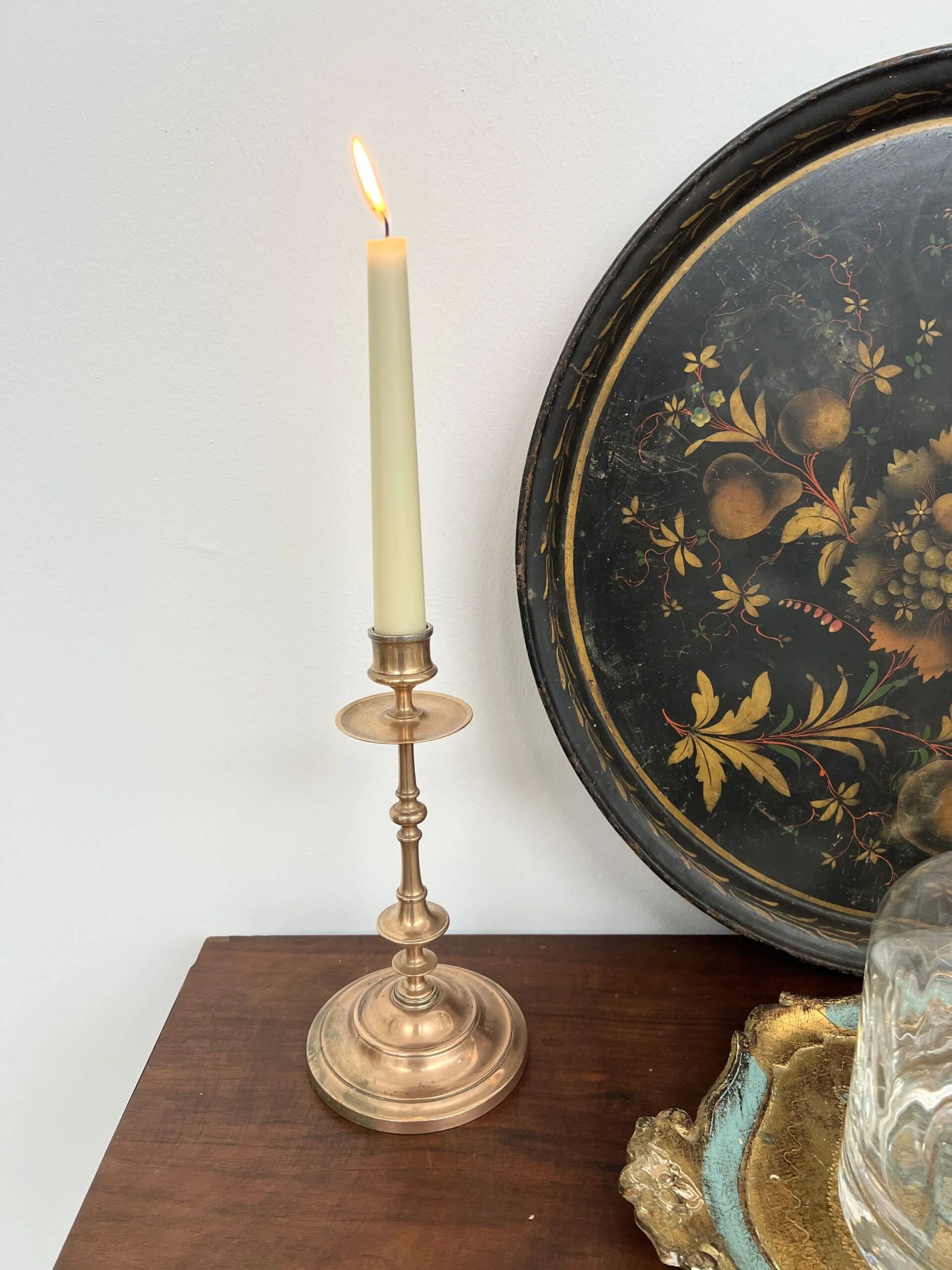 Pair of antique turned rose brass candlesticks (24 cm)