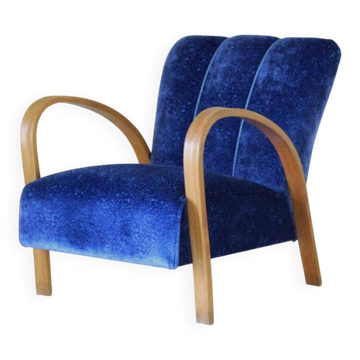 1920 Art Deco Blue Velvet Armchair, Solid Beech Wood, France