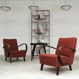 Pair of H410 Type C burgundy armchairs by Jindrich Halabala for Thonet