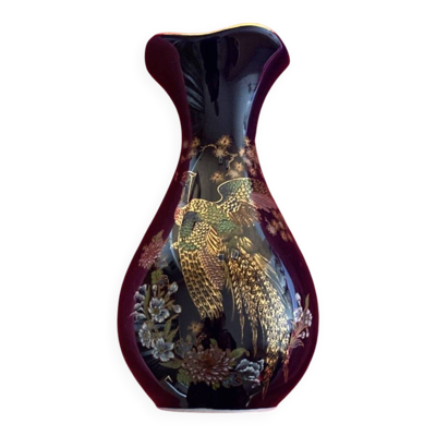 Vase porcelaine Limoges bleu cobalt de four motif paon Fleurs orientaliste