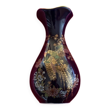 Vase porcelaine Limoges bleu cobalt de four motif paon Fleurs orientaliste