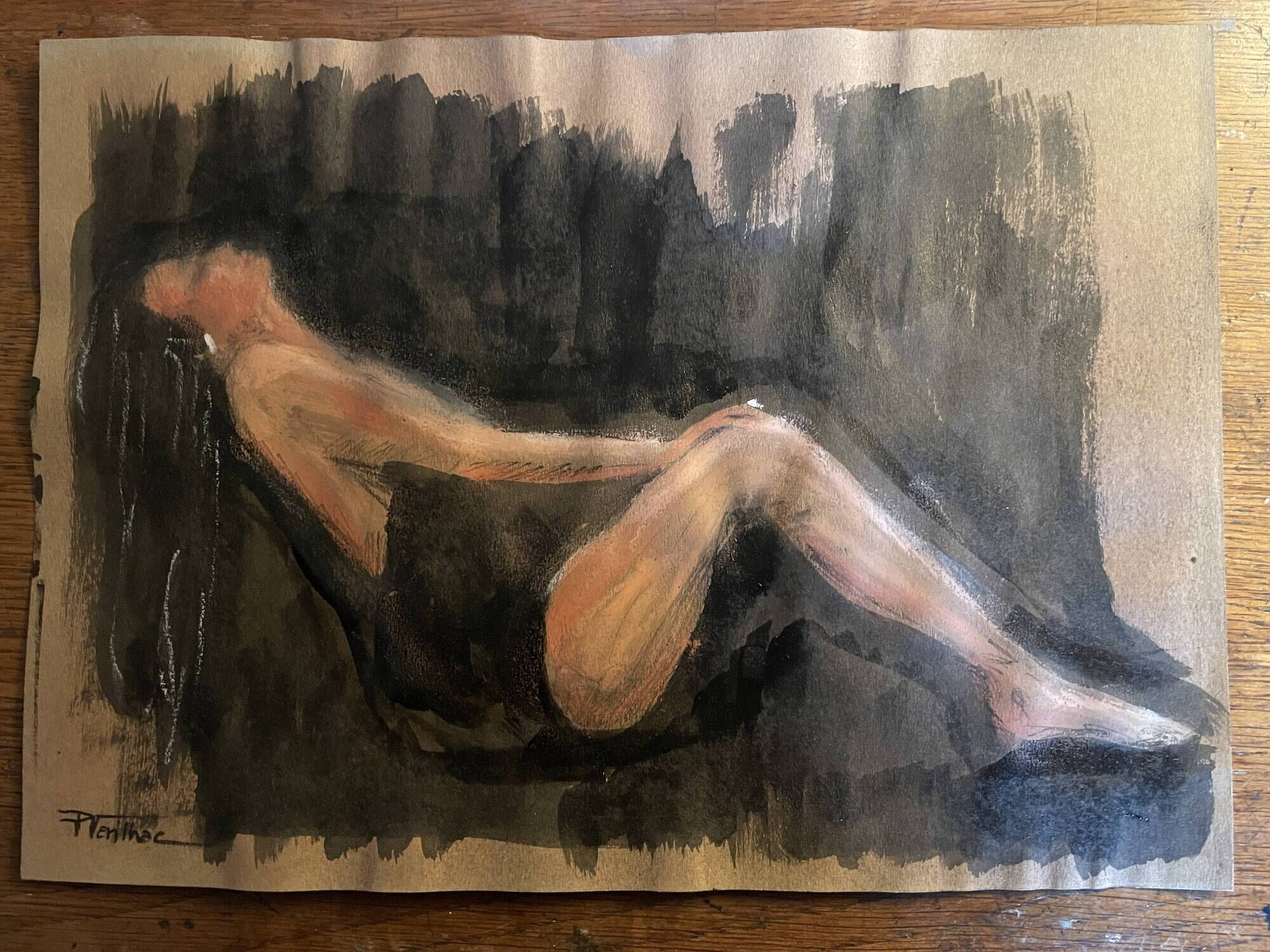 Signed painting, pastel, Chinese ink, portrait of a woman "black sun"