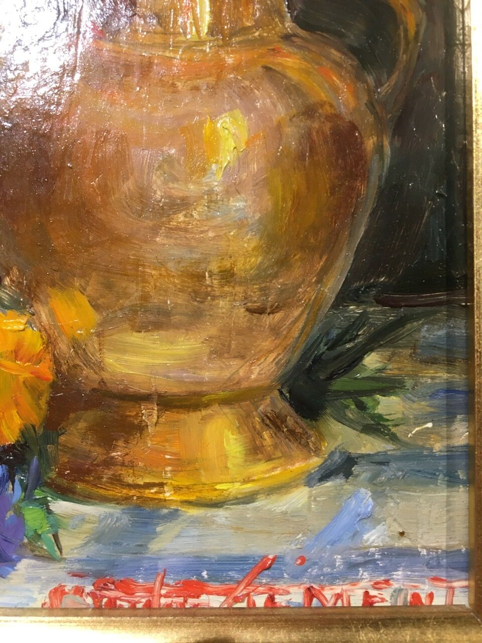 Still life with pourer and bouquet of flowers signed