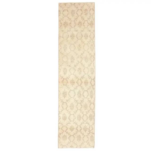 1970s vintage Turkish hand-knotted wool cotton beige runner rug 62x261