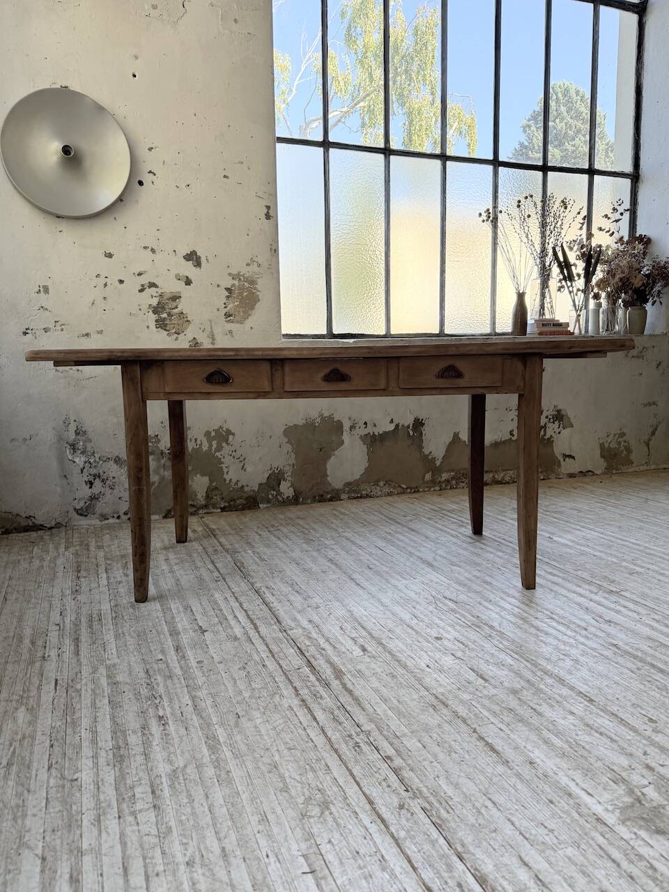 1950s pine and oak farmhouse table with multiple drawers
