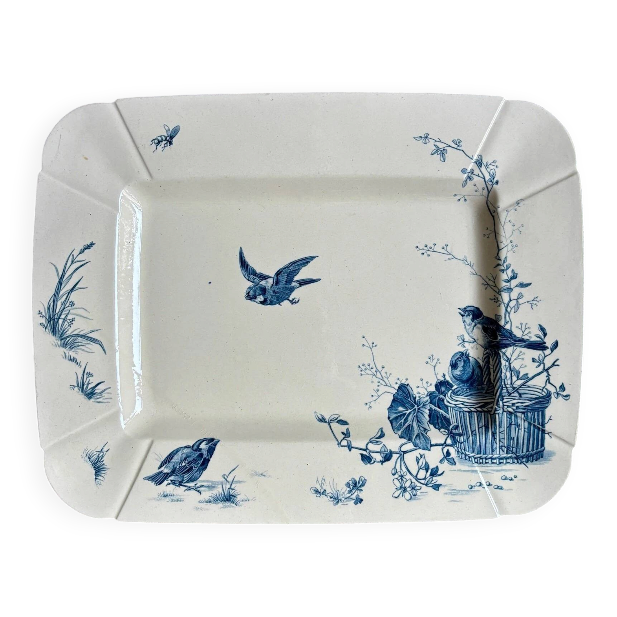 Large rectangular Gien dish in blue ironstone, "Birds" service circa 1870.