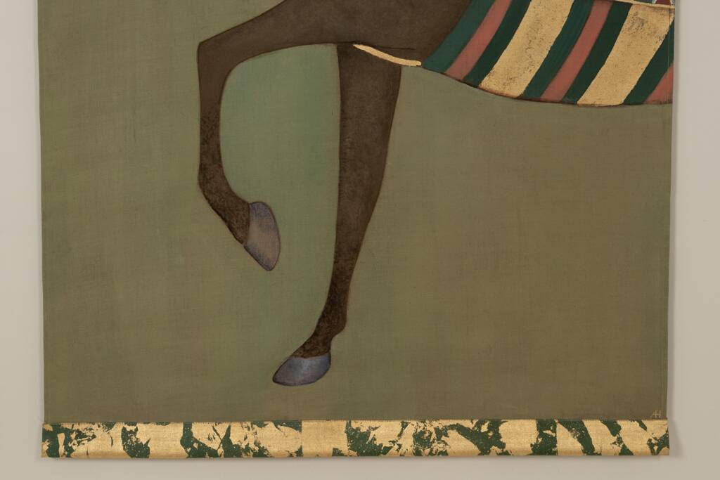 Painted canvas featuring a brown-coated Indian horse in profile. Contemporary.