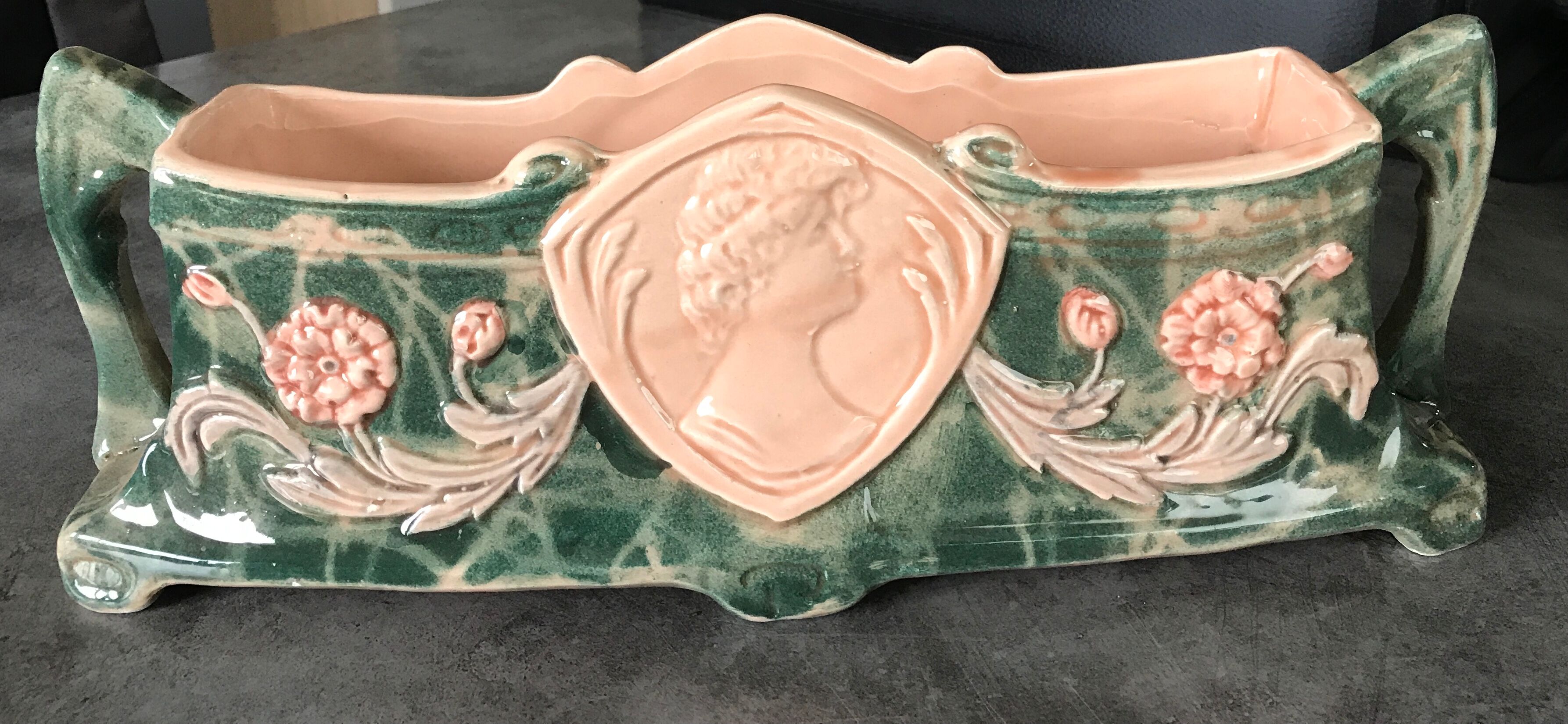 Jardinière with ceramic handles enameled vintage polychrome paint 39.5 cm
