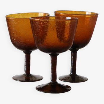 3 stemmed glasses in bubbled and blown glass