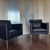 2 fauteuils de salon modernistes allemands en cuir noir et acier de Walter Knoll