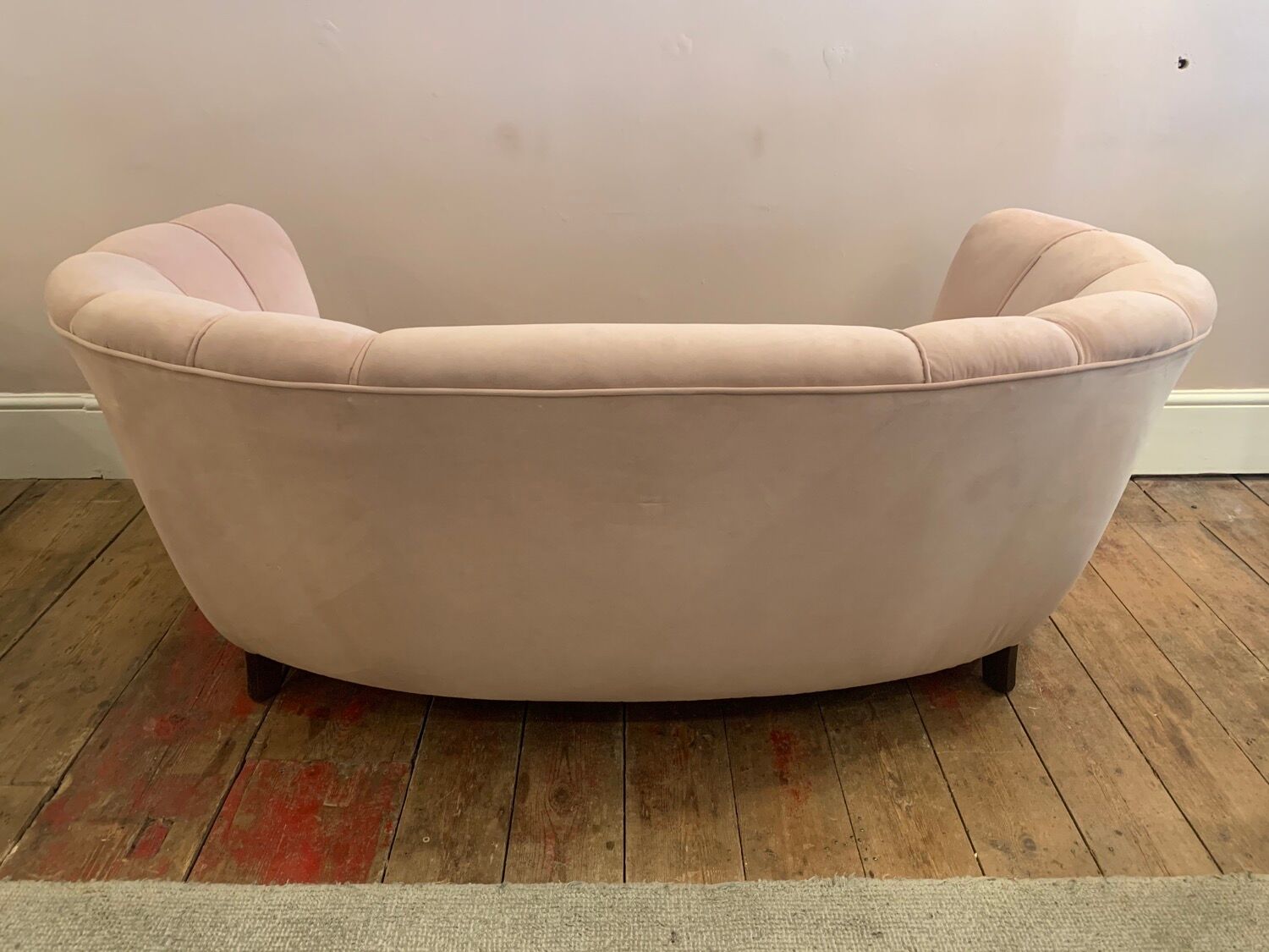 1940s Danish Banana Shaped Scalloped Sofa in Blush Pink