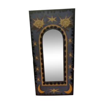 Small Ceramic Mirror with Mosaic Patterns and Yellow and Blue Paintings.