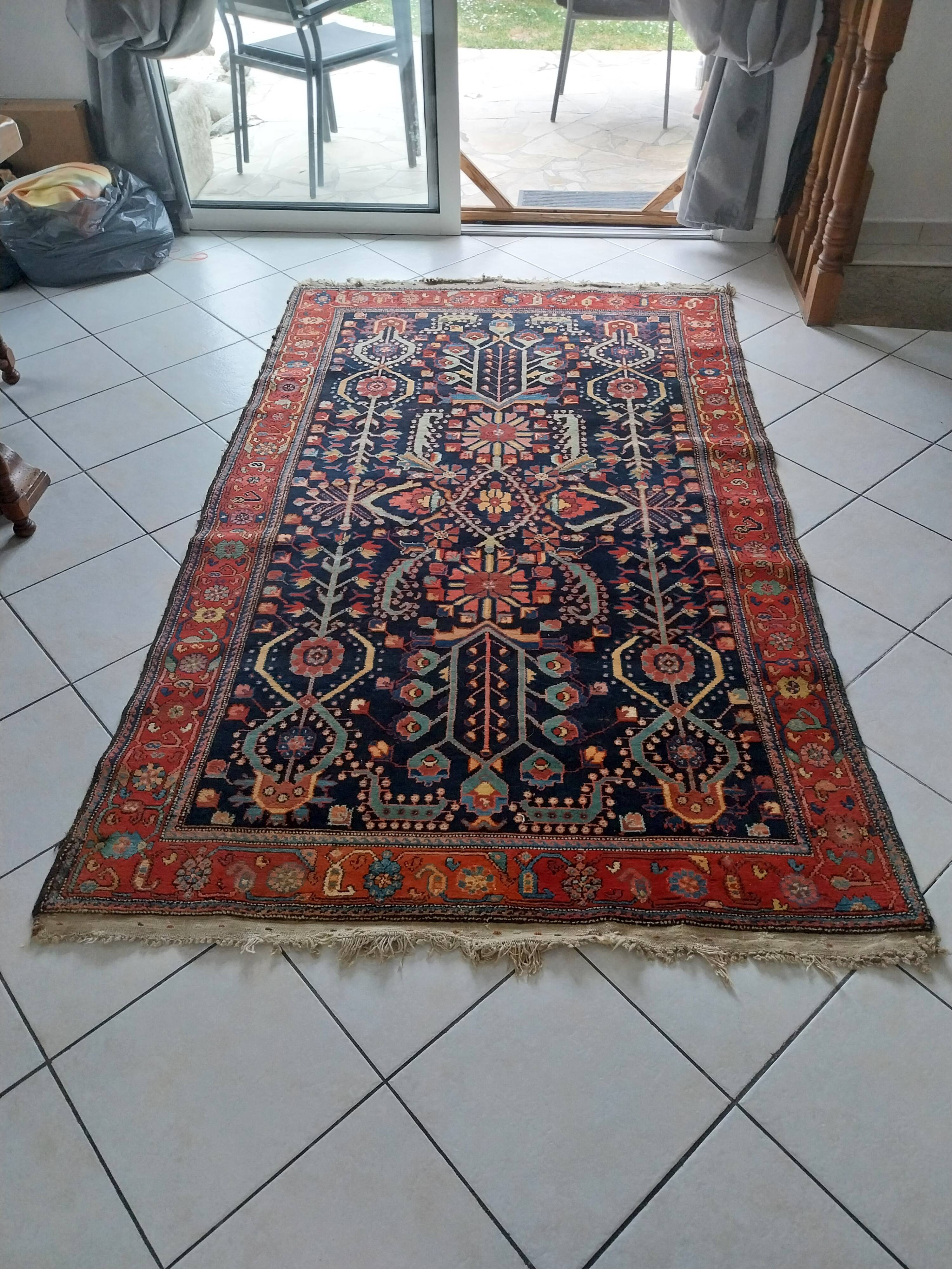 Ancien tapis persan noué main décor arbre de vie 230x140cm