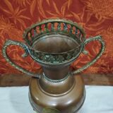 Oriental style vase or copper amphora and brass decoration
