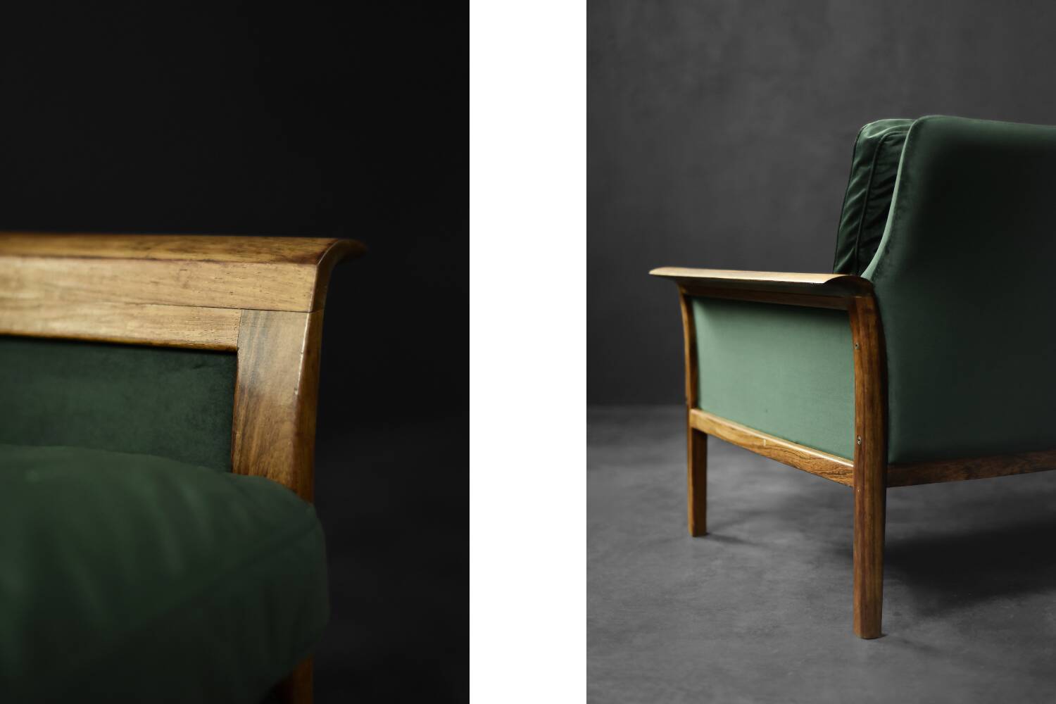 Vintage Mid-Century Modern Rosewood & Green Velour 3-Seater Sofa and Chair