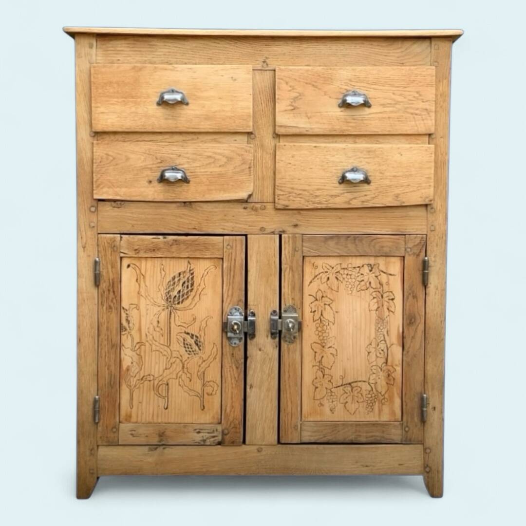 Parisian art deco sideboard in solid raw wood with pyrographed decorations, 1929