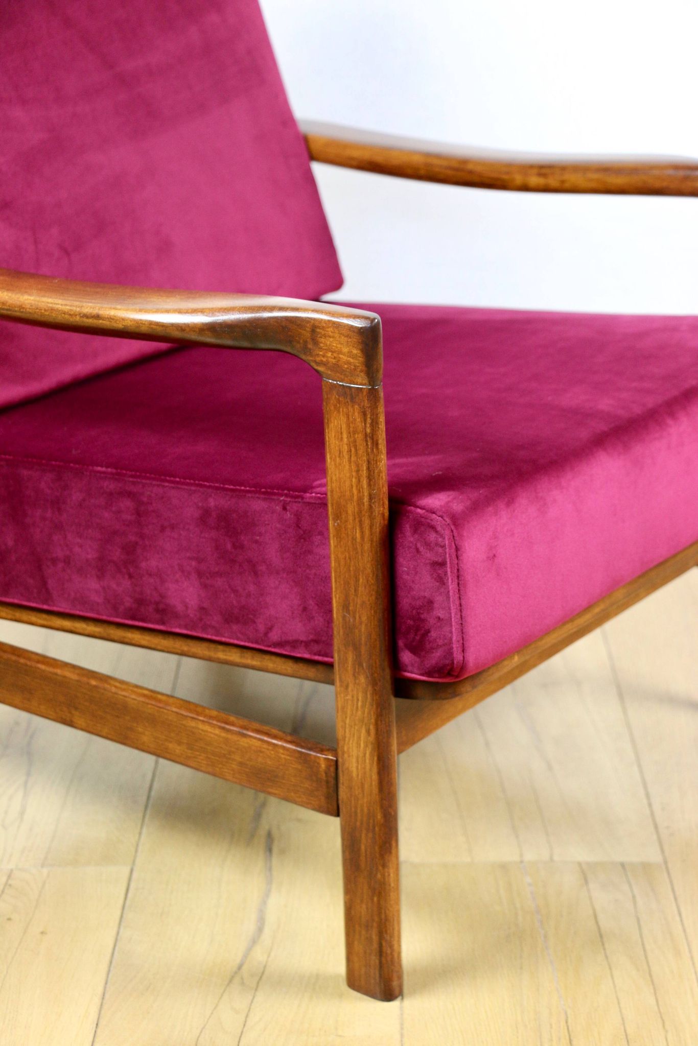 Wooden vintage brown armchair, burgundy raspberry, design by Z. Bączyk - 2 pieces available