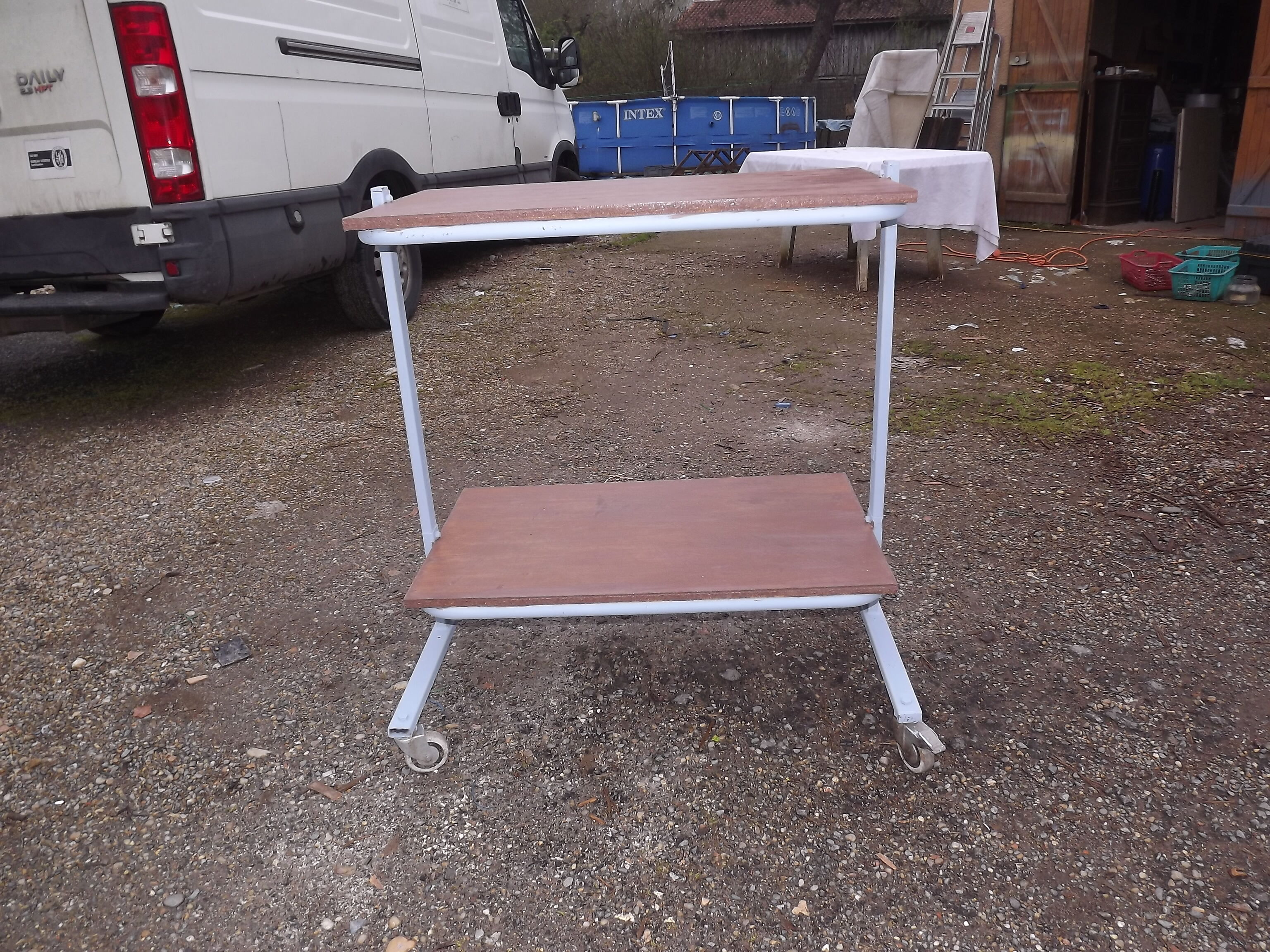 Iron and wood industrial rolling table