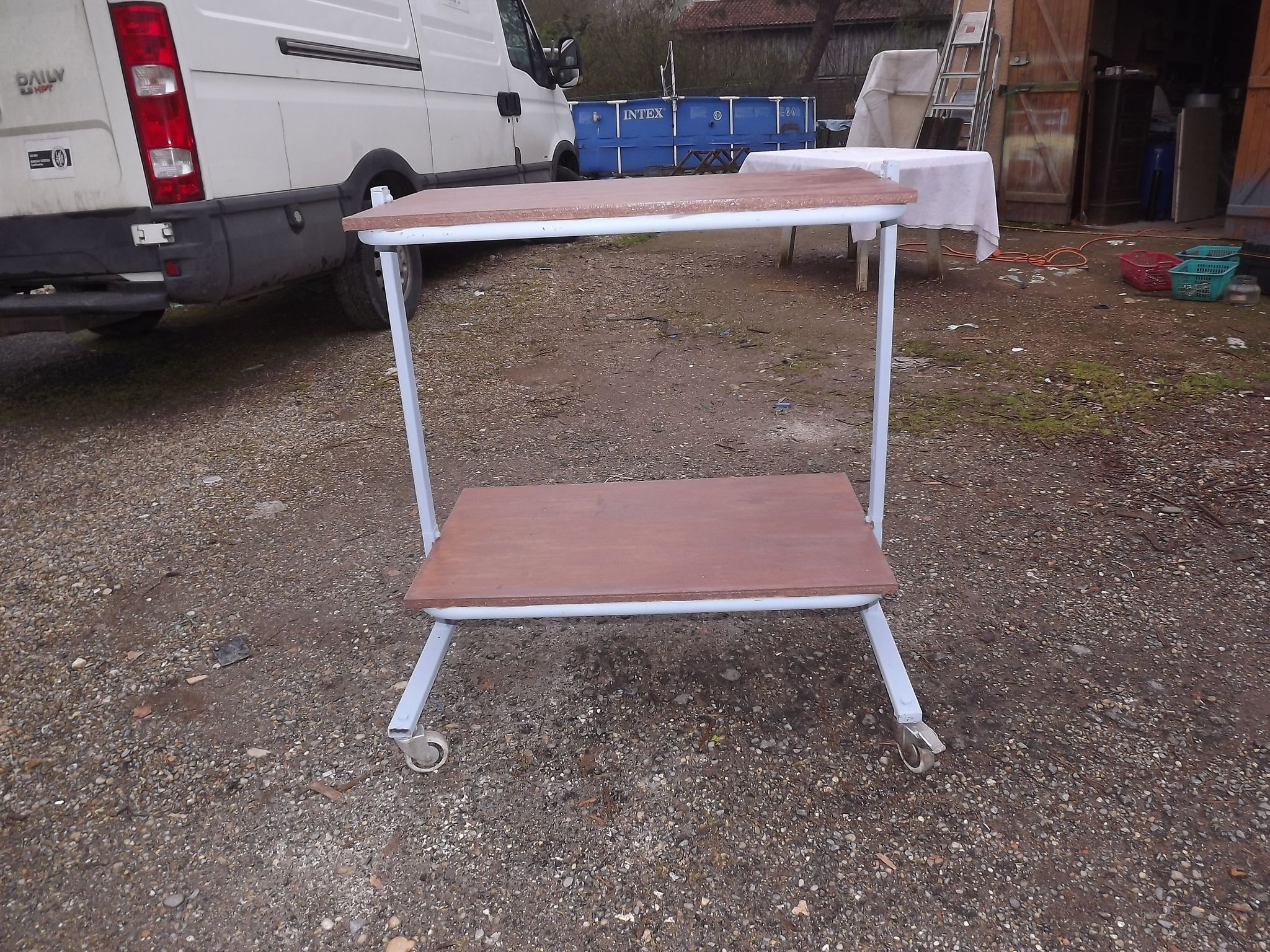 Iron and wood industrial rolling table