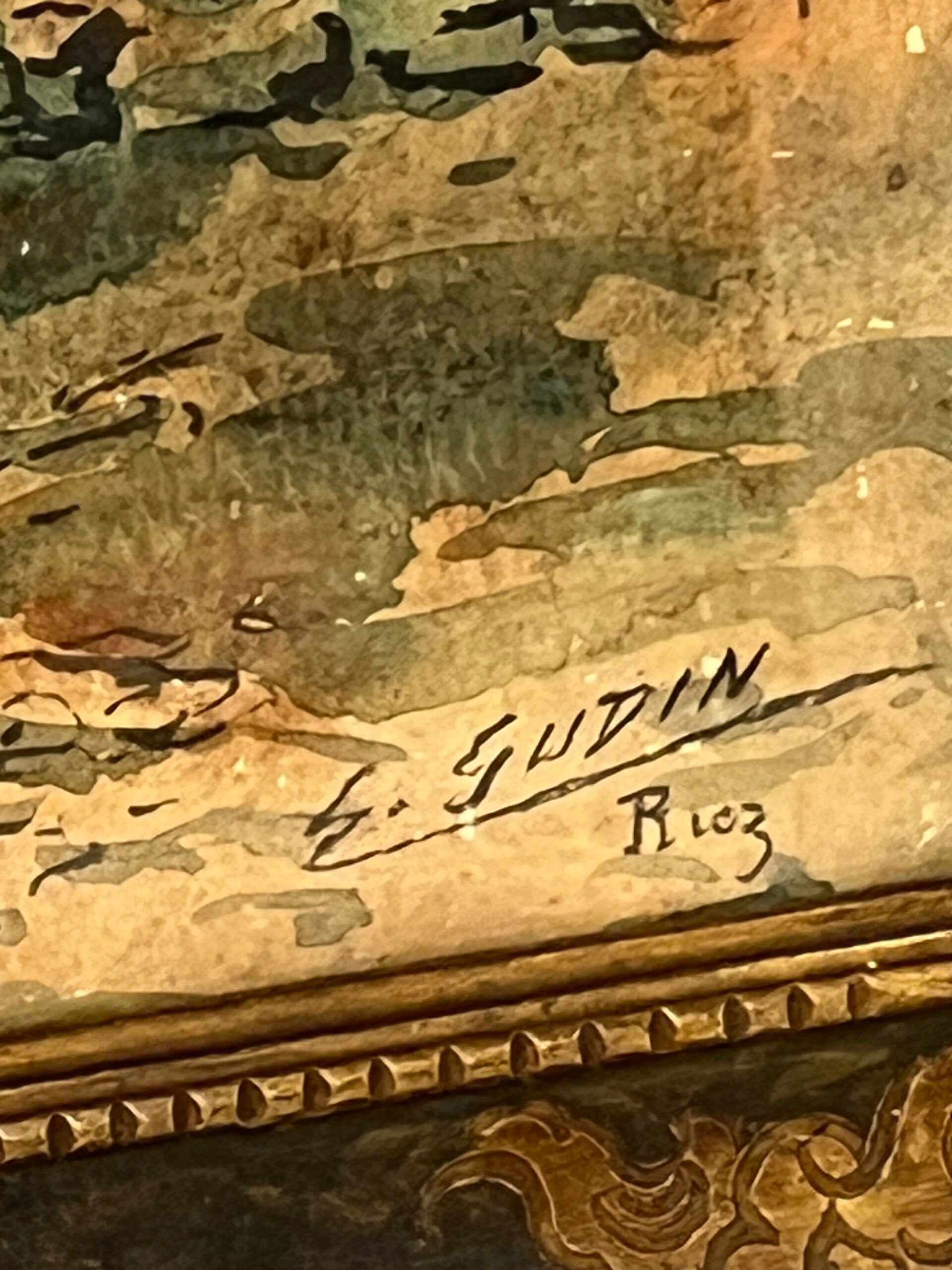 Watercolor by Emile Gudin (1874-1957), rue de Riez, southern town