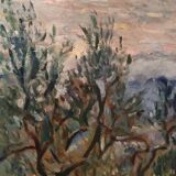 Oil painting on canvas, landscape, trees, Christine Oswalt, fishermen