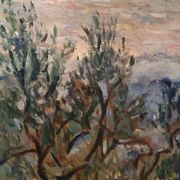 Oil painting on canvas, landscape, trees, Christine Oswalt, fishermen