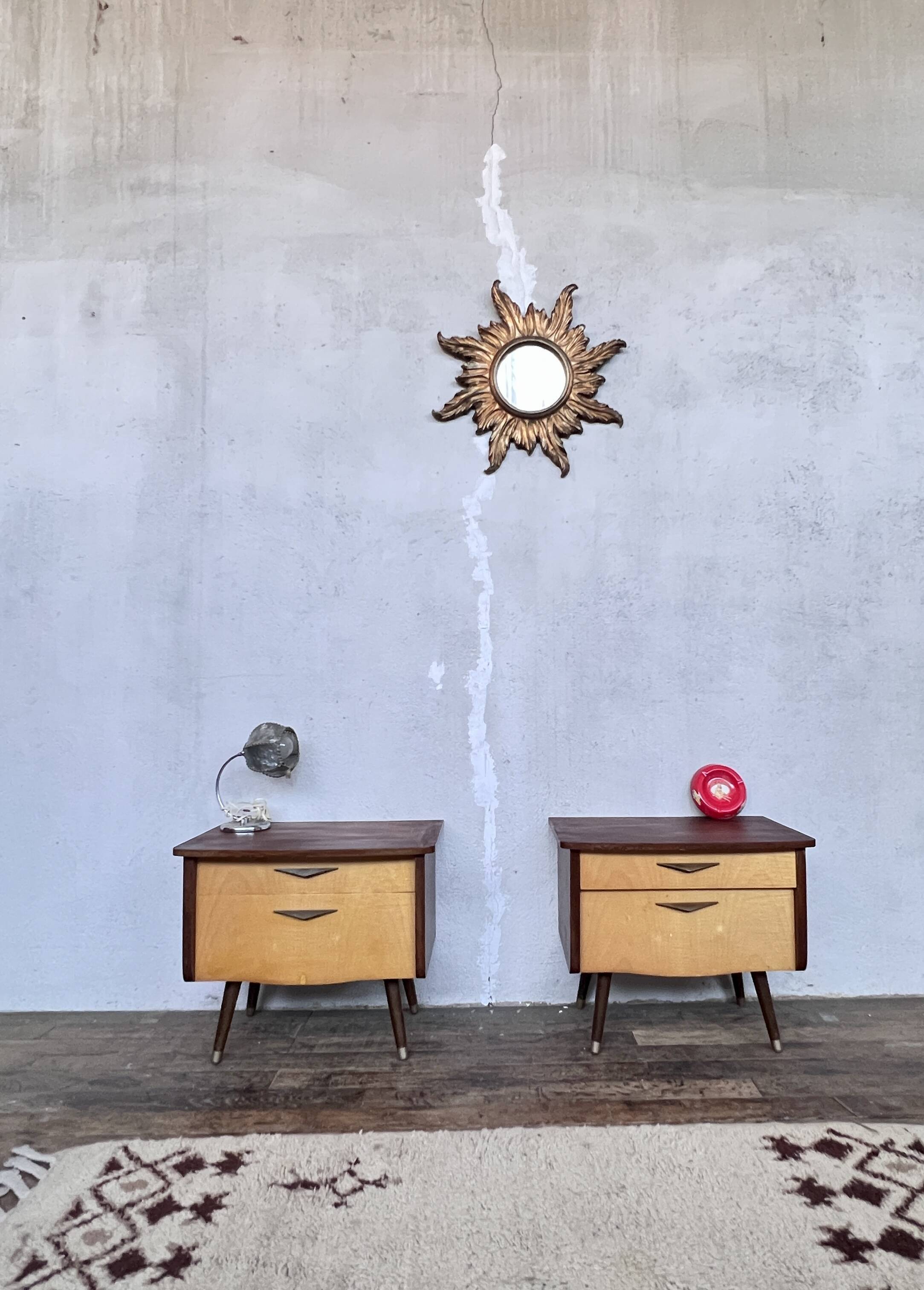 Pair of nightstands vintage bedside table compass legs