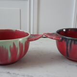 Duo of stoneware bowls with burgundy and blue ears 30s-40s