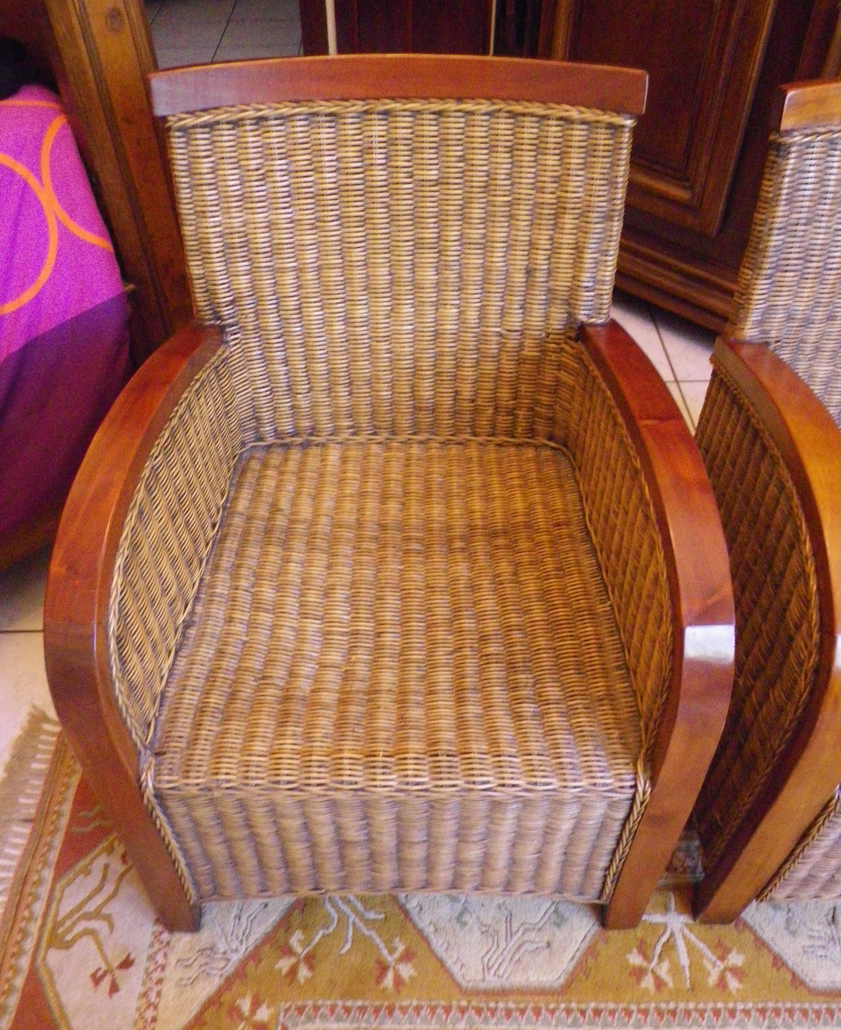 Pair of Club armchairs in ocean liner style, woven rattan and solid wood.