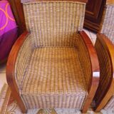 Pair of Club armchairs in ocean liner style, woven rattan and solid wood.