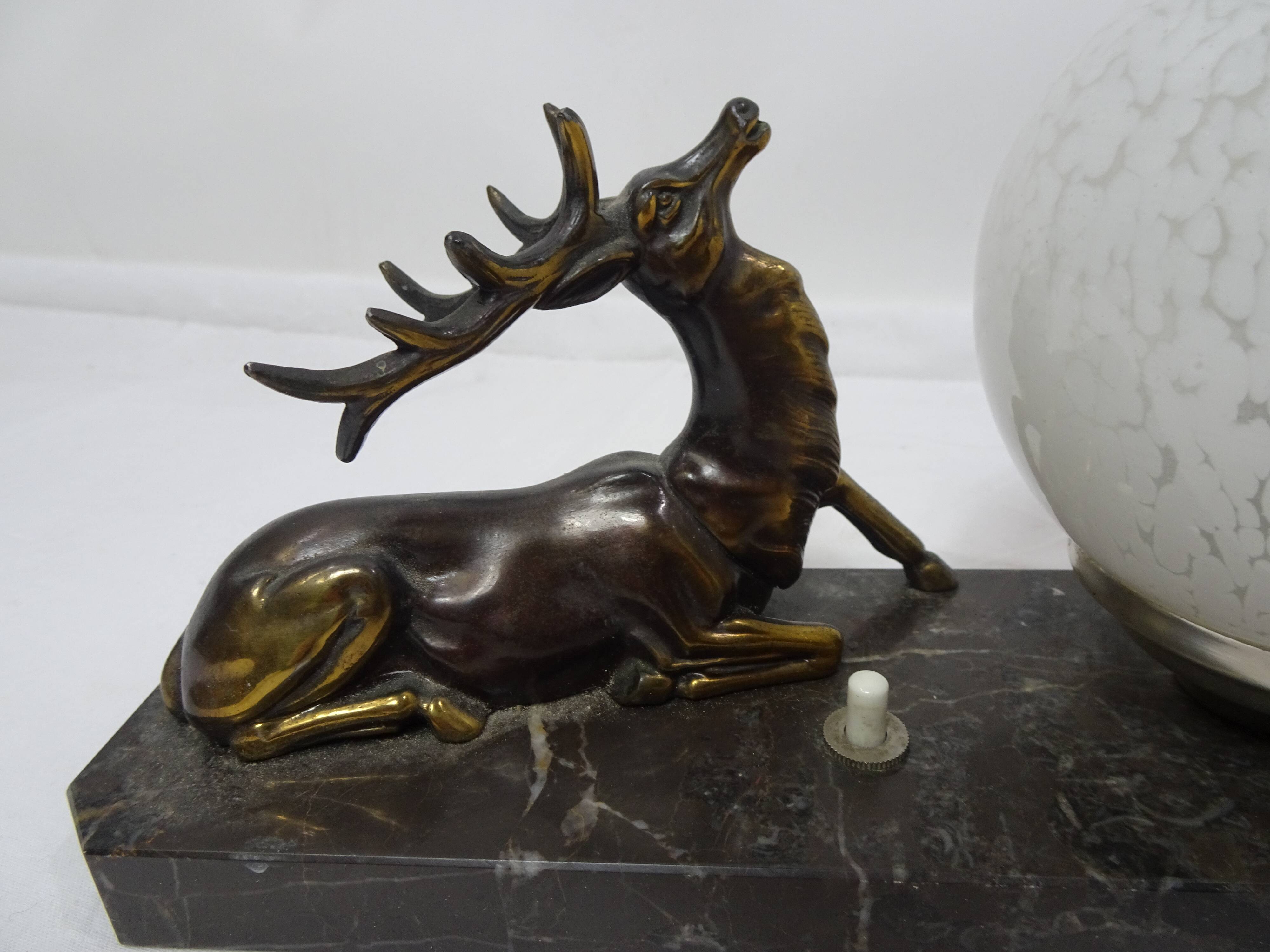 Art deco night light bedside lamp Deer and opaline white ball