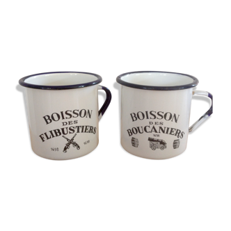 Set of 2 mugs metal enamelled 50s