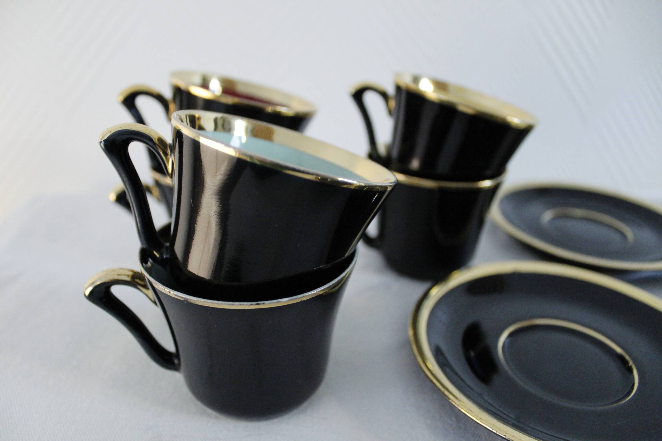 Porcelain coffee set - Porcelac - 6 cups + saucers - black and colors