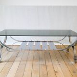 rectangular coffee table in smoked glass and chrome double trays Design 1970