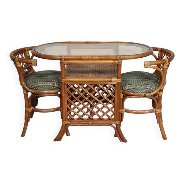 Ensemble table d'appoint et chaises de balcon en rotin et bambou, années 1970
