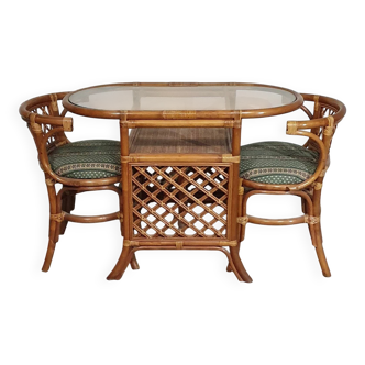 Rattan / bamboo balcony side table / chairs set 1970s