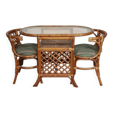 Rattan / bamboo balcony side table / chairs set 1970s