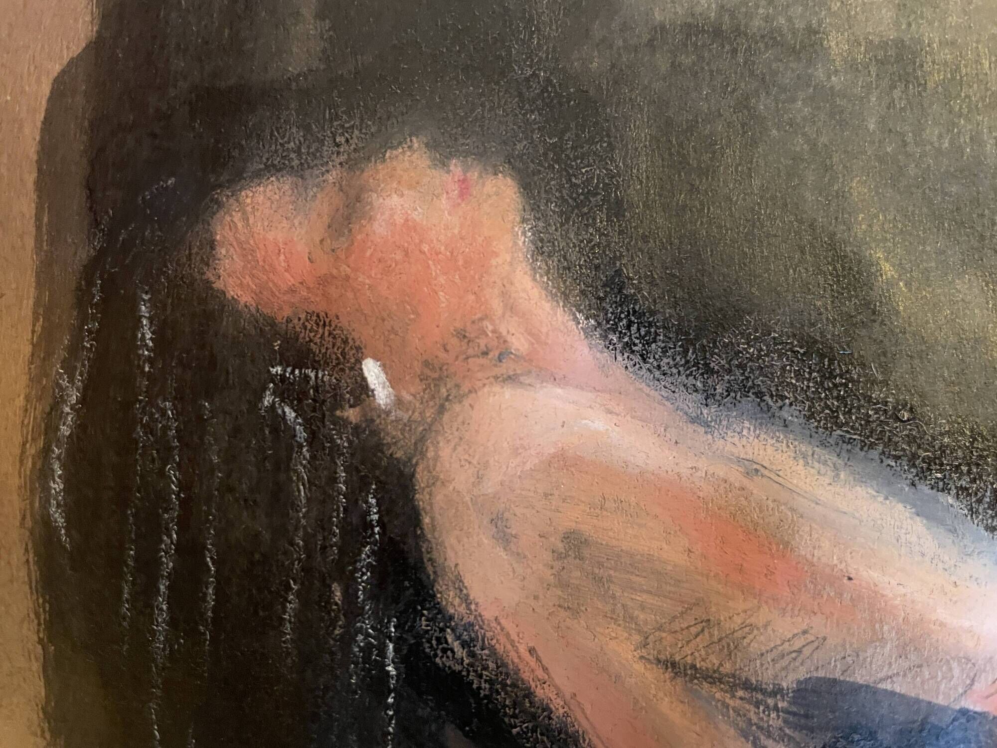 Signed painting, pastel, Chinese ink, portrait of a woman "black sun"