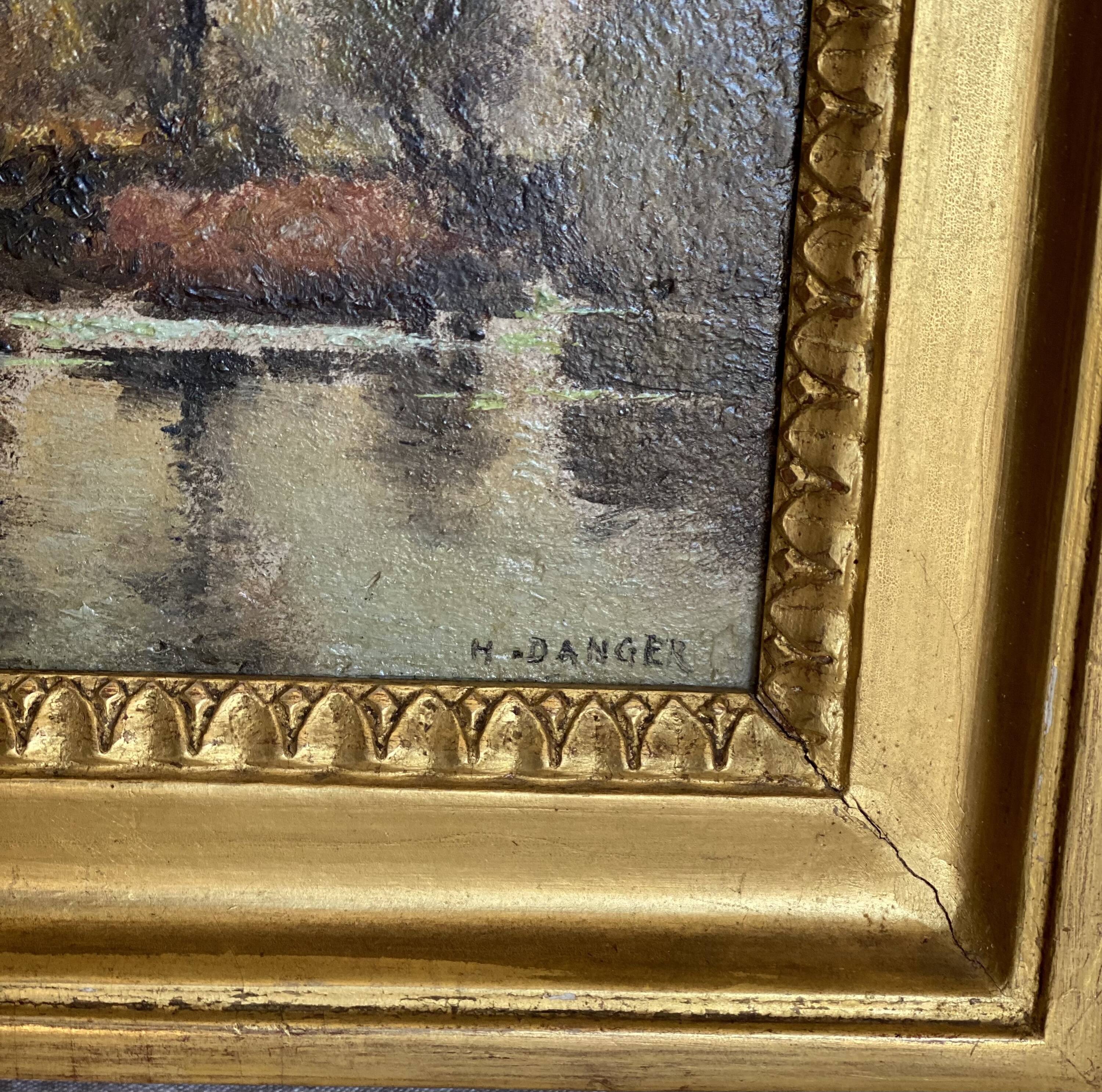 Painting by henri danger, the banks of the indre at huimes, 19th century landscape