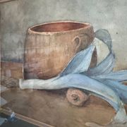 Aquarelle nature morte poireau ancienne 