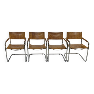 Ensemble de quatre fauteuils de salle à manger FASEM S34 en cuir Cognac par Mart Stam années 80