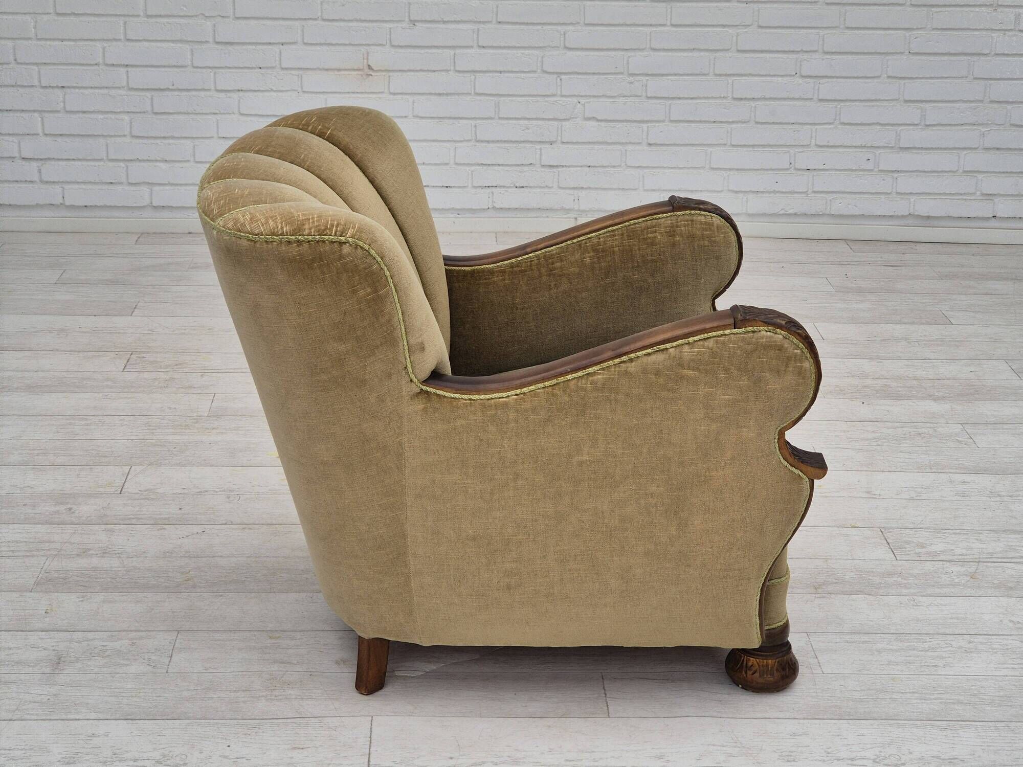 1960s, Danish vintage armchair, furniture velour, dark beech wood.
