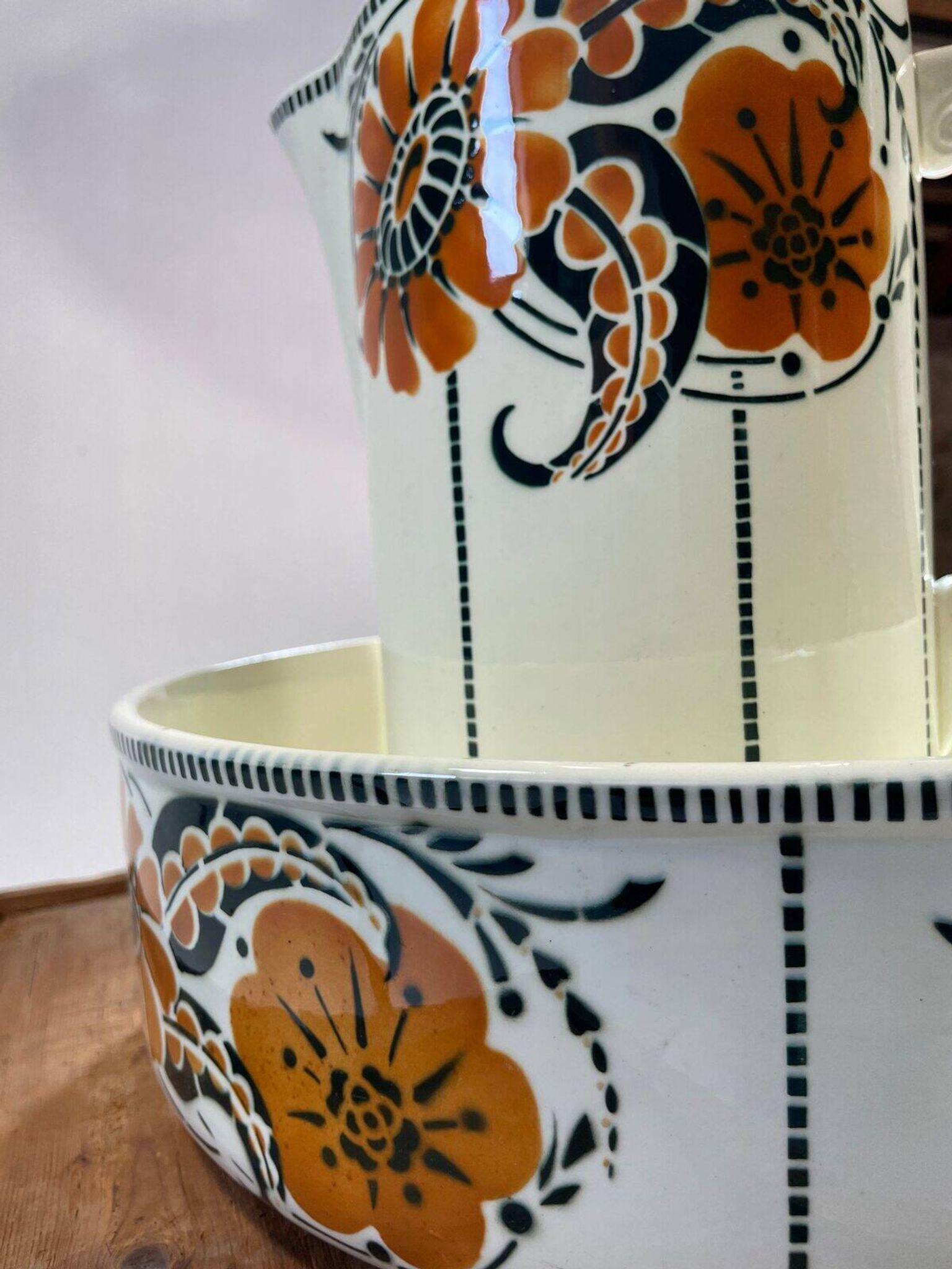 Antique bowl and basin from Saint-Amand, decorated earthenware, 1920s