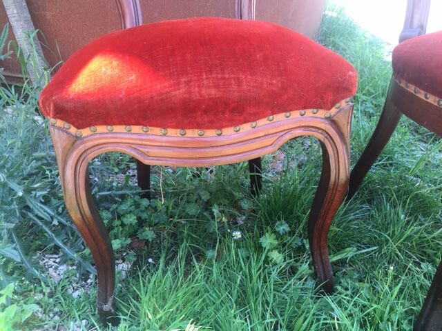 lot of 4 chairs Castle Chippendale, Louis XV late 1800s red velvet